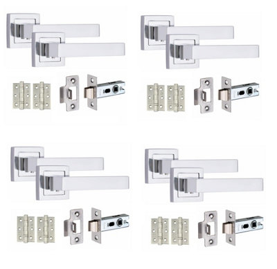 4 Set Delta Design Door HandlesInternal Sets With Latch and BB HInges Square Rose Polished Chrome Finish