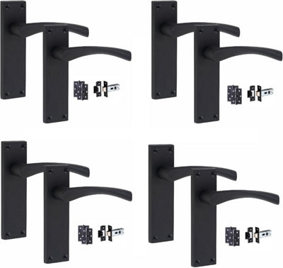 4 Set Door Handles Packs Internal Set Victorian Scroll Astrid Design Matt Black Finish 150mm Backplate with Latches and Hinges