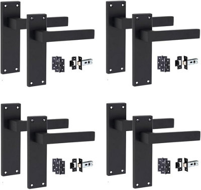 4 Set Door Handles Packs Internal Set Victorian Straight Delta Design Matt Black Finish 150mm Backplate with Latches and Hinges