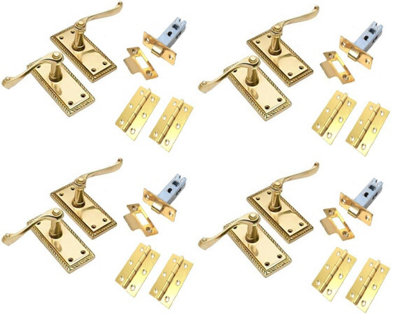 4 Set Georgian Door Handles Polished Brass Finish with 2.5" Tubular Latch and 1 Pair of 3" Hinges 107 x 48mm - Golden Grace