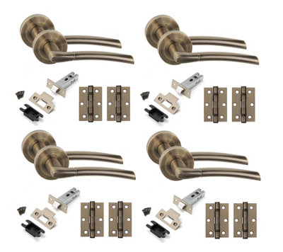 4 Set Indiana Design Door Handles Set Ball Bearing Hinges and Latches Antique Brass Finish