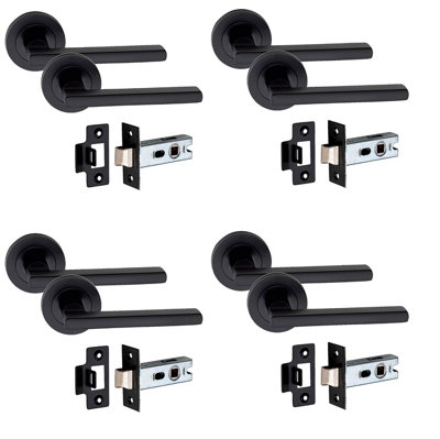 4 Set Leon Design Door Handle On Round Rose Latch Door Handles with 2.5" Tubular Latch Matt Black Finish - GG