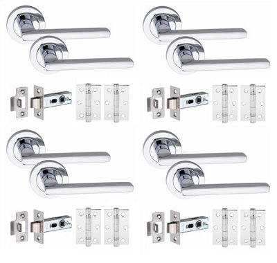 4 Set Leon Door Handles Set Ball Bearing Hinges and Latches Polished Chrome Finish