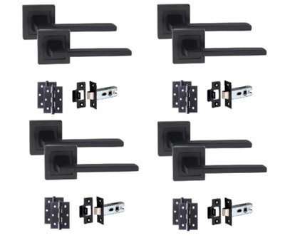4 Set Matt Black Aztec Design Straight Door Handle On Sqaure Rose Latch Door Handles Set with 1 Pair of 3" Ball Bearing Hinges