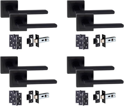 4 Set Matt Black Leon Design Straight Door Handle On Sqaure Rose Latch Door Handles Set with Ball Bearing Hinges and Latch