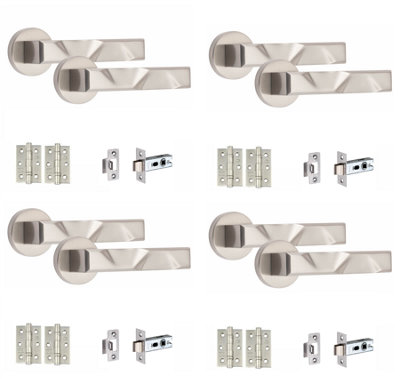 4 Set Nova Design Door HandlesInternal Sets With Latch and BB HInges Round Rose Satin Nickel Finish