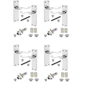 4 Set of Victorian Scroll Latch Door Handles Polished Chrome with Ball Bearing Hinges & Latches Pack Sets 150 x 40mm