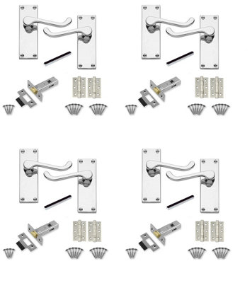 4 Set of Victorian Scroll Latch Door Handles Polished Chrome with Pair of 3" Ball Bearing Hinges & Latches Pack Sets 120 x 40mm