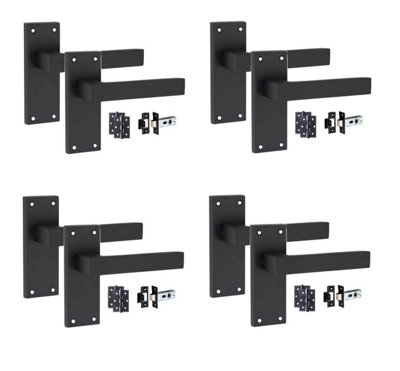 4 Set of Victorian Straight Delta Handle Latch Door Handles Matt Black Pair of 3" Ball Bearing Hinges & Latches Pack  120 x 40mm