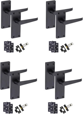 4 Set of Victorian Straight Handle Latch Door Handles Matt Black Pair of 3" Ball Bearing Hinges & Latches Pack  120 x 40mm - GG