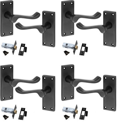 4 Set Premium Victorian Scroll Latch Door Handles Matt Black Finish with Black Latch Pack Sets 120mm x 40mm - GG