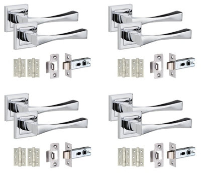 4 Set Straight Astrid Design Door Handles Internal Sets Latch and BB HInges Square Polished Chrome Finish