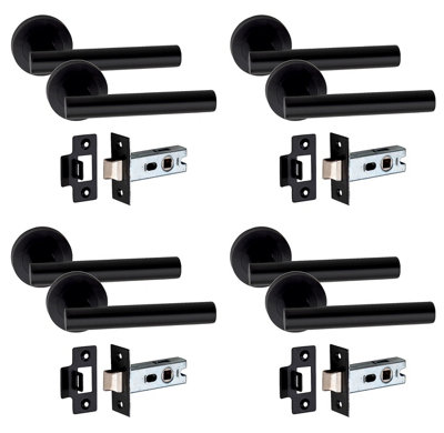 4 Set Straight T-Bar Design Door Handle On Round Rose Latch Door Handles with 2.5" Tubular Latch Matt Black Finish - GG