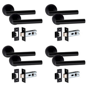4 Set Straight T-Bar Design Door Handle On Round Rose Latch Door Handles with 2.5" Tubular Latch Matt Black Finish - GG