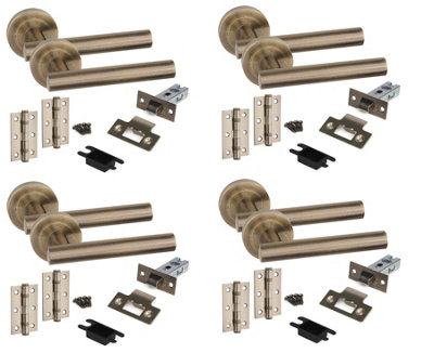 4 Set Straight T-Bar Door Handles Set Ball Bearing Hinges and Latches Antique Brass Finish