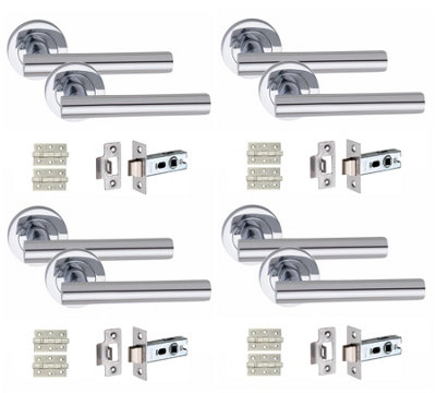 4 Set Straight T-Bar Door Handles Set Ball Bearing Hinges and Latches Polished Chrome Finish