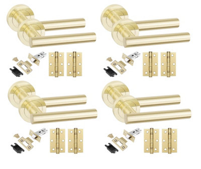4 Set Straight T-Bar Door Handles Set Ball Bearing Hinges and Latches Satin Brass Finish