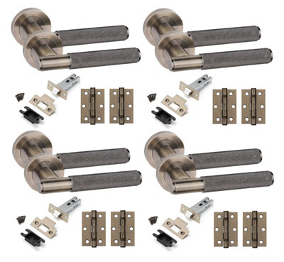 4 Set Straight T-Bar Knurled Door Handles Set Ball Bearing Hinges and Latches Antique Brass Finish