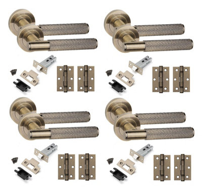 4 Set Straight T-Bar Linear Door Handles Set Ball Bearing Hinges and Latches Antique Brass Finish