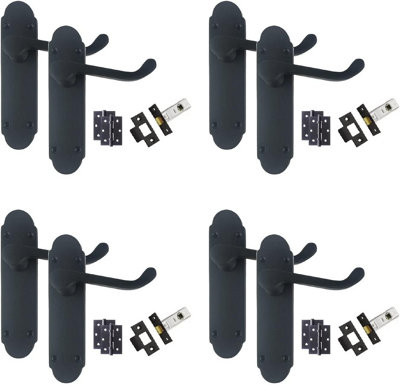 4 Set Victorian Epsom Design Door Handles Matt Black Finish 2.5" Tubular Latch Pair of Ball Bearing Hinges Pack 168 x 40mm - GG