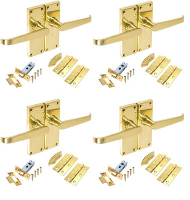 4 Set Victorian Straight Polished Brass Lever Latch Door Handles Sets with 2.5 " Latch and Standard Butt Hinges