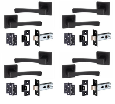 4 Set Wave Design Door Handles Internal Sets With Latch and BB HInges Square Rose Matt Black Finish