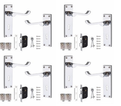 4 Sets of Victorian Scroll Polished Chrome Door Handle Lock Pack +2 Lever Lock + Hinges