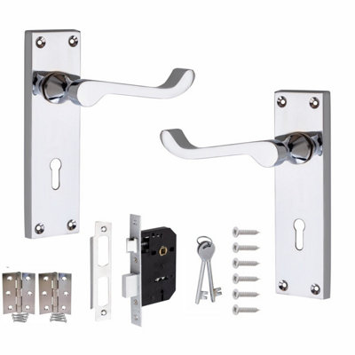 4 Sets of Victorian Scroll Polished Chrome Door Handle Lock Pack +2 Lever Lock + Hinges
