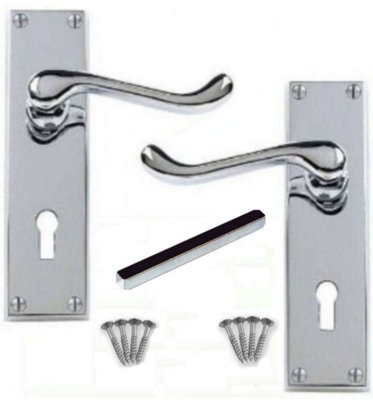 4 Sets of Victorian Scroll Polished Chrome Door Handle Lock Pack +2 Lever Lock + Hinges