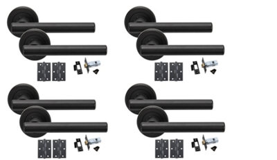 4 Sets Straight T-Bar Design Matt Black Finish Door Handles On Rose with Black Ball Bearing Hinges and Black 64mm Tubular Latch