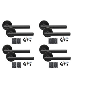 4 Sets Straight T-Bar Design Matt Black Finish Door Handles On Rose with Black Ball Bearing Hinges and Black 64mm Tubular Latch