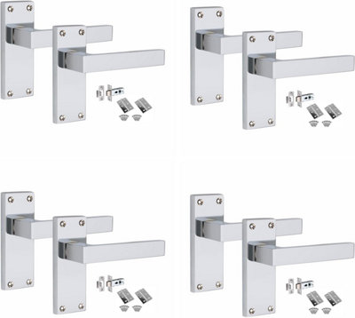 4 Sets Victorian Straight Delta Handle Latch Door Handles, Polished Chrome, 1 Pair 3" Standard Butt Hinges, 120mm x 40mm Backplate