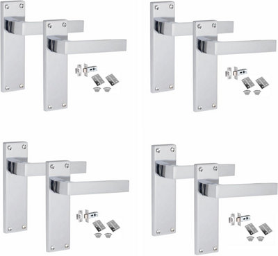 4 Sets Victorian Straight Delta Handle Latch Door Handles, Polished Chrome, 1 Pair 3" Standard Butt Hinges, 150mm x 40mm Backplate