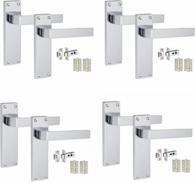 4 Sets Victorian Straight Delta Handle Latch Door Handles, Silver Polished Chrome, 1 Pair 3" Ball Bearing Hinges, 150mm x 40mm