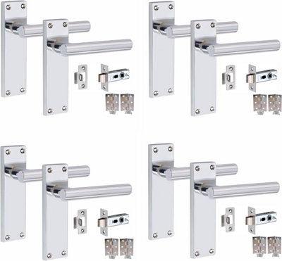 4 Sets Victorian Straight T-Bar Handle Latch Door Handles, Polished Chrome, 1 Pair 3" Standard Butt Hinges, 150mm x 40mm Backplate