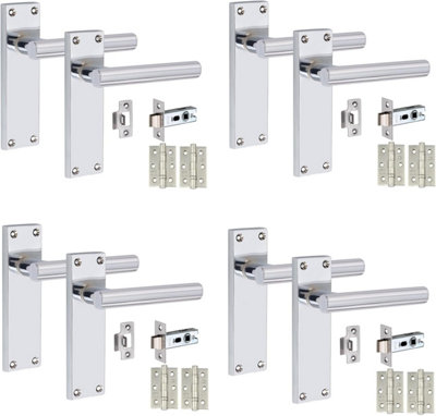 4 Sets Victorian Straight T-Bar Handle Latch Door Handles Silver Polished Chrome 1 Pair 3" Ball Bearing Hinges 150mm x 40mm