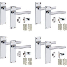 4 Sets Victorian Straight T-Bar Handle Latch Door Handles Silver Polished Chrome 1 Pair 3" Ball Bearing Hinges 150mm x 40mm
