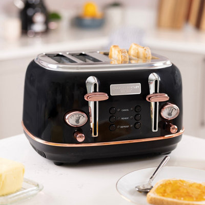 4 Slice Stainless Steel Toaster w Tray Black & Rose Gold