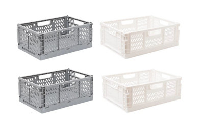 4 Small Folding Stackable Storage Crates Grey & Cream Storage Basket Desk Tidy