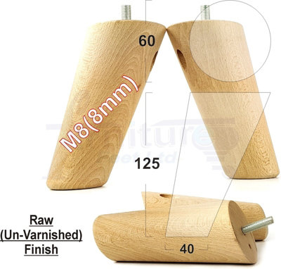 4 Solid Wood Turned Furniture Legs Replacement Mid Century Angled Retro Feet 125mm High M8 Raw