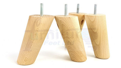 4 Solid Wood Turned Furniture Legs Replacement Mid Century Angled Retro Feet 125mm High M8 Raw