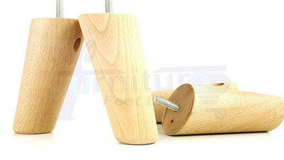 4 Solid Wood Turned Furniture Legs Replacement Mid Century Angled Retro Feet 125mm High M8 Raw
