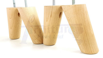 4 Solid Wood Turned Furniture Legs Replacement Mid Century Angled Retro Feet 125mm High M8 Raw