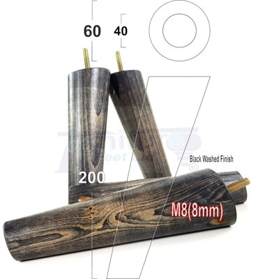 4 Solid Wood Turned Furniture Legs Replacement Mid Century Angled Retro Feet 200mm High M8 Black Washed