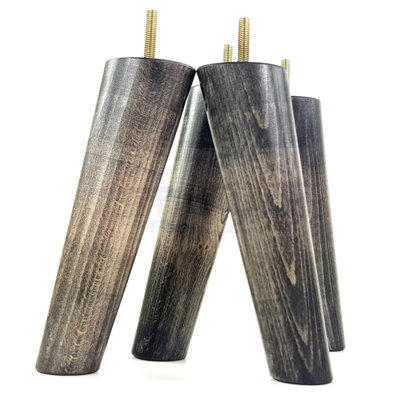 4 Solid Wood Turned Furniture Legs Replacement Mid Century Angled Retro Feet 200mm High M8 Black Washed