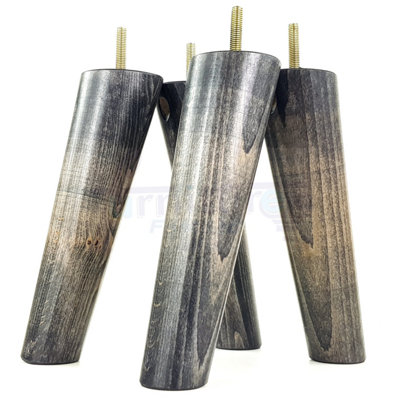 4 Solid Wood Turned Furniture Legs Replacement Mid Century Angled Retro Feet 200mm High M8 Black Washed
