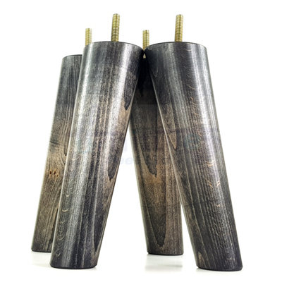 4 Solid Wood Turned Furniture Legs Replacement Mid Century Angled Retro Feet 200mm High M8 Black Washed