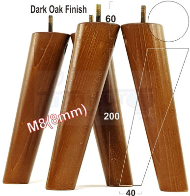 4 Solid Wood Turned Furniture Legs Replacement Mid Century Angled Retro Feet 200mm High M8 Dark Oa