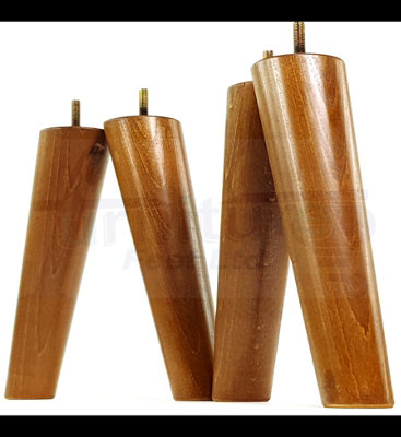 4 Solid Wood Turned Furniture Legs Replacement Mid Century Angled Retro Feet 200mm High M8 Dark Oa