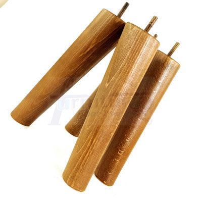 4 Solid Wood Turned Furniture Legs Replacement Mid Century Angled Retro Feet 220mm High M8 Dark Oak Stain